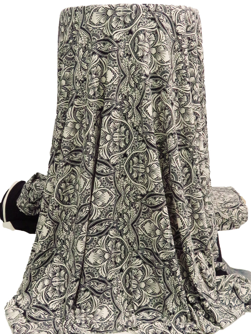 Black/Bone Polyester/Lycra Double Border Ornate Print ITY Knit - NY Designer - 59W