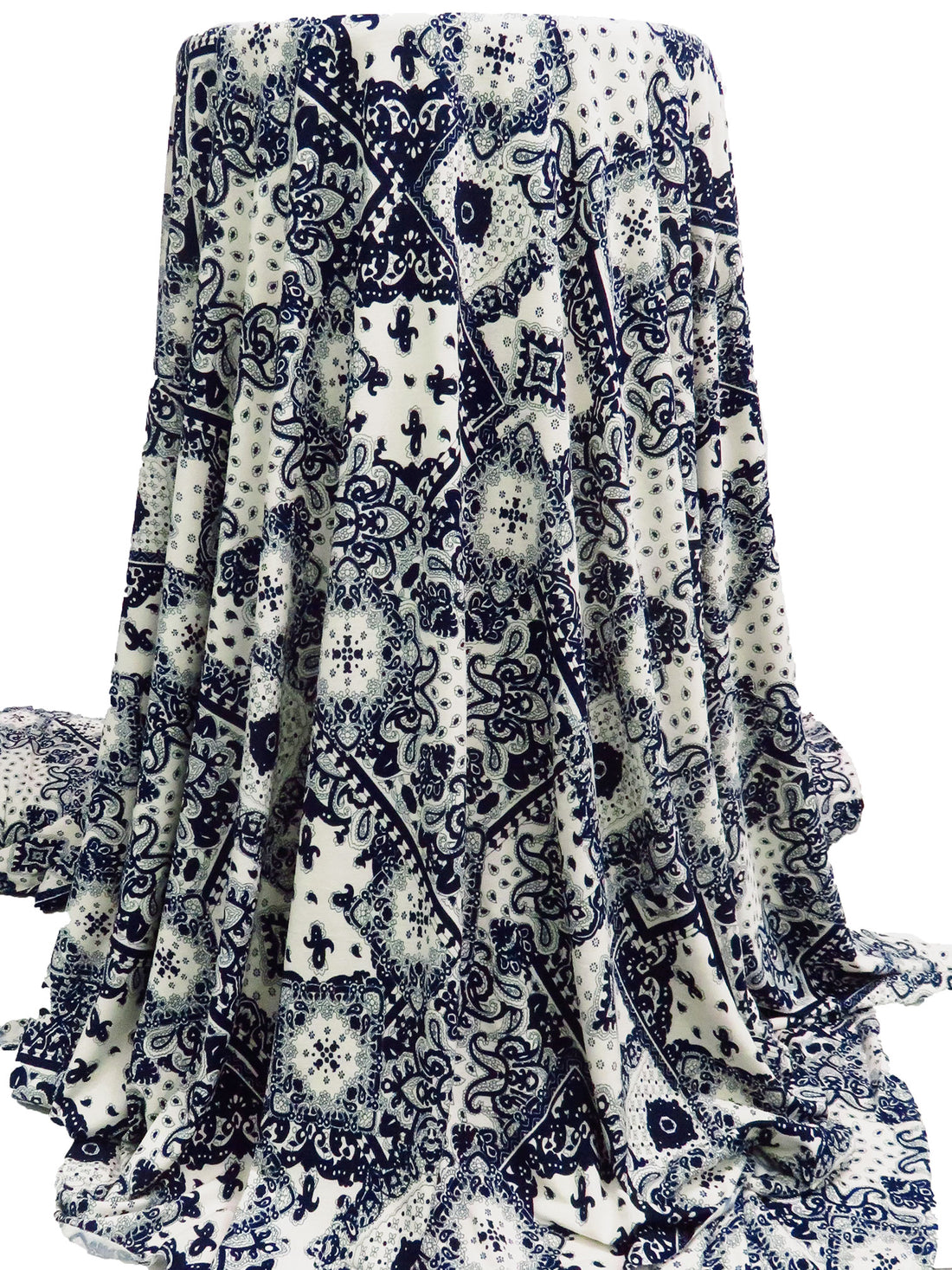 Midnight Blue/Eggshell Polyester/Lycra Paisley Patchwork Print ITY Knit - NY Designer - 60W