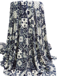 Midnight Blue/Eggshell Polyester/Lycra Paisley Patchwork Print ITY Knit - NY Designer - 60W