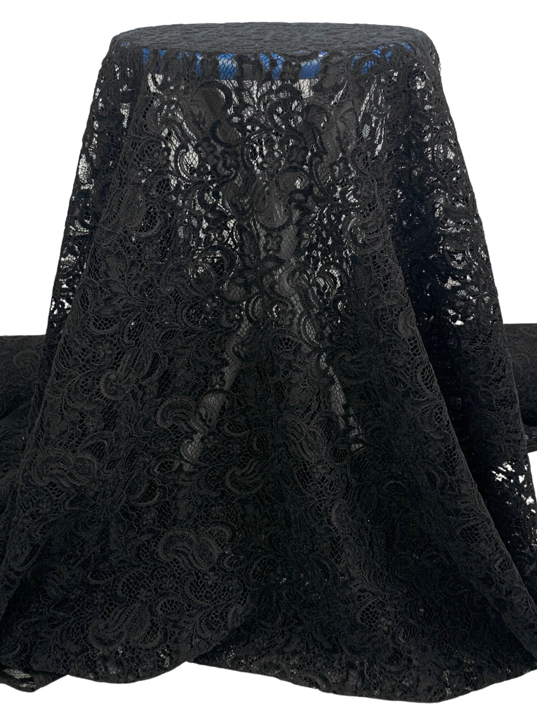 SOLD BY THE PANEL ONLY - Black 100% Polyester Flocked Corded Floral Scrolls Lace 56W