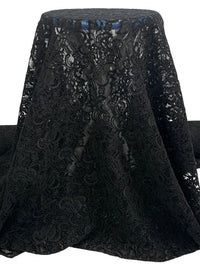 SOLD BY THE PANEL ONLY - Black 100% Polyester Flocked Corded Floral Scrolls Lace 56W