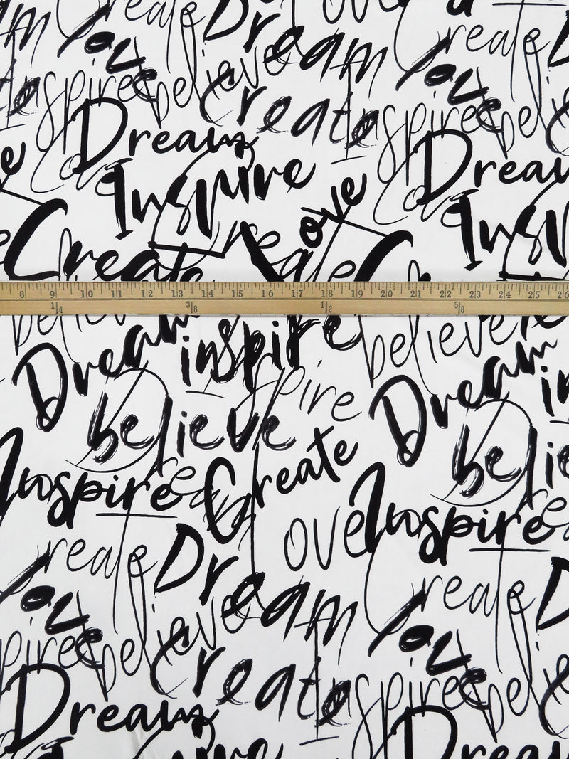 White/Black/Dark Gray Polyester/Lycra Encouraging Words Print ITY Knit - NY Designer - 58W