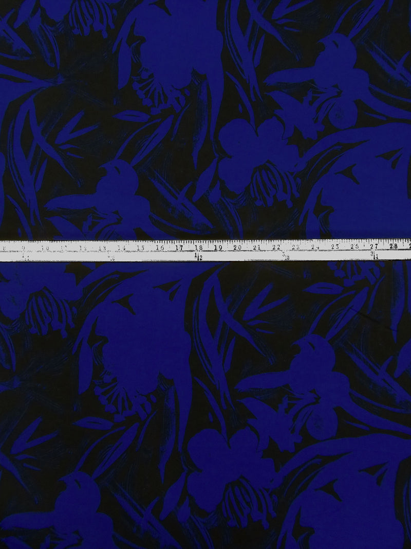 Dark Royal Blue/Black Polyester/Lycra Painterly Floral Silhouette Print ITY Knit - NY Designer - 58W