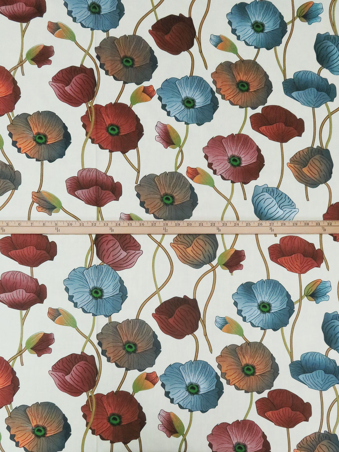 Palest Lemon/Deep Brick Red/Graham Cracker/Multi 100% Cotton Large Floral Print Voile 56W