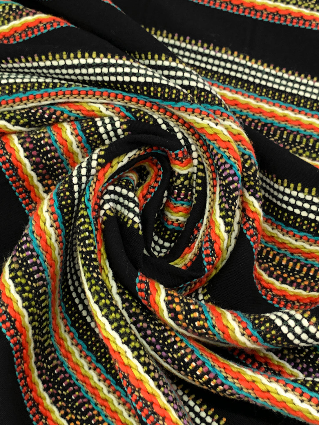 Black/Vermilion/Multi Wool/Polyester Horizontal Boucle Stripe Coating - Imported From Italy - 49W