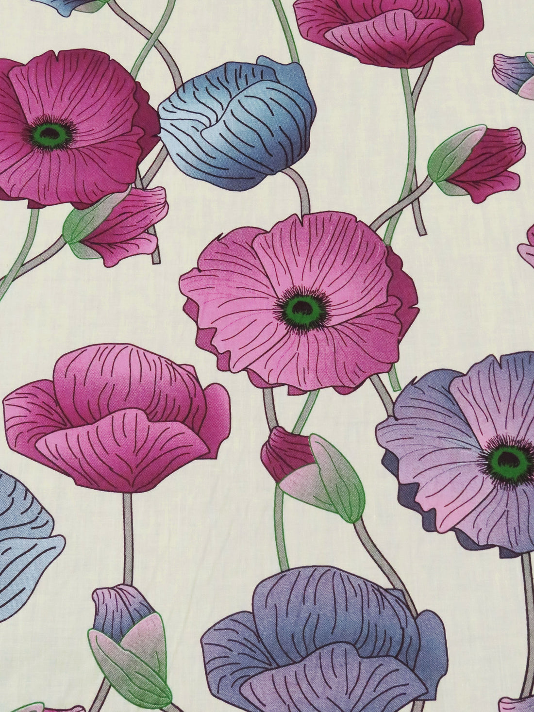 Palest Lemon/Deep Orchid/Steel Blue/Multi 100% Cotton Large Floral Print Voile 56W