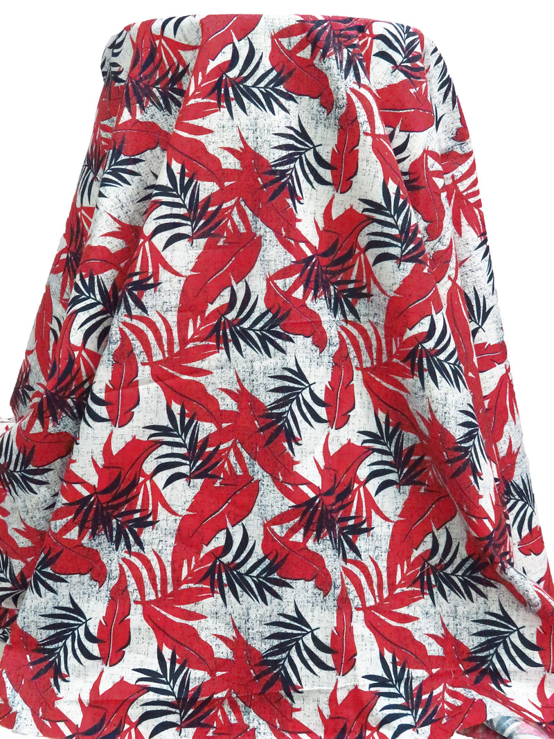Jasper Red/White/Midnight Navy 100% Cotton Tropical Leaf Print Slubbed Lawn 57W