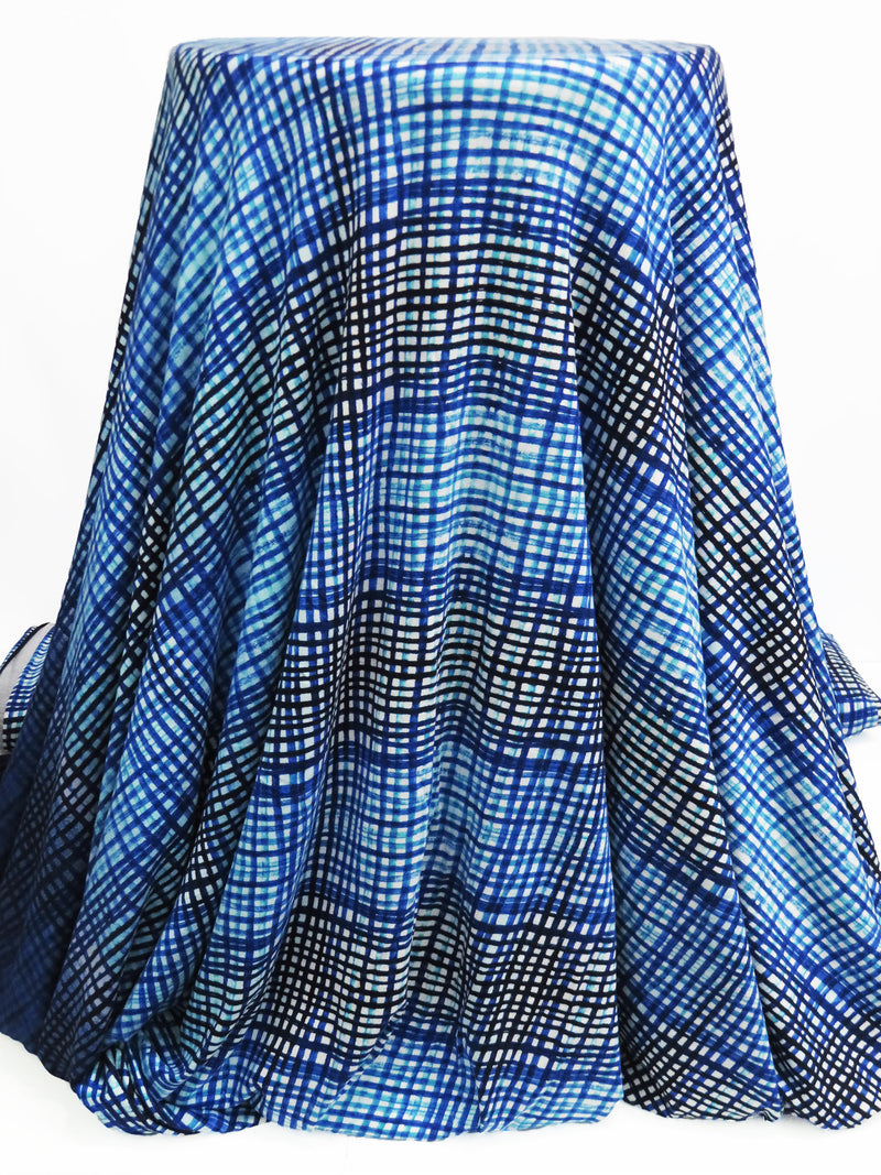 Navy/White/Sapphire/Multi Rayon/Lycra Single Border Gradient Abstract Plaid Print Jersey Knit - NY Designer - 60W