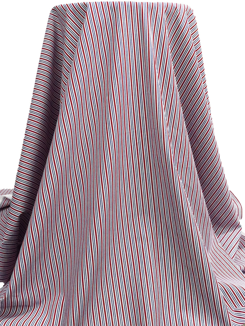 Maroon/White/Dark Blue 100% Cotton Vertical Stripe Weave Shirting 60W