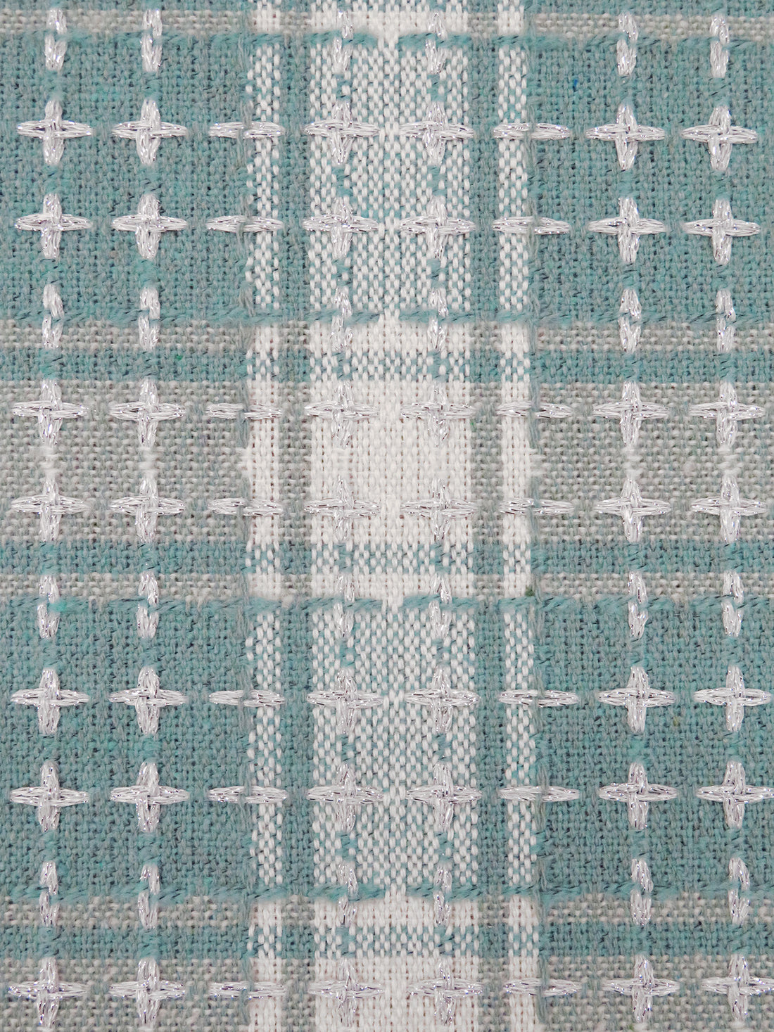 Steel Teal/Off-White/Silver Polyester/Metallic Novelty Plaid Weave Coating - Imported From Italy - 60W