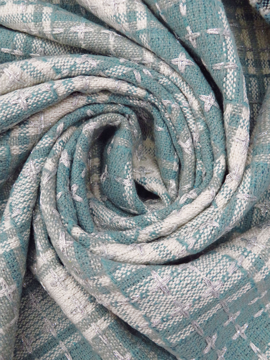 Steel Teal/Off-White/Silver Polyester/Metallic Novelty Plaid Weave Coating - Imported From Italy - 60W