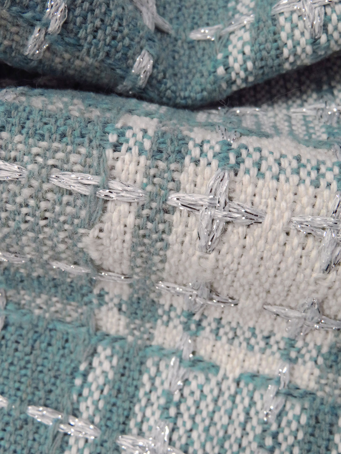 Steel Teal/Off-White/Silver Polyester/Metallic Novelty Plaid Weave Coating - Imported From Italy - 60W