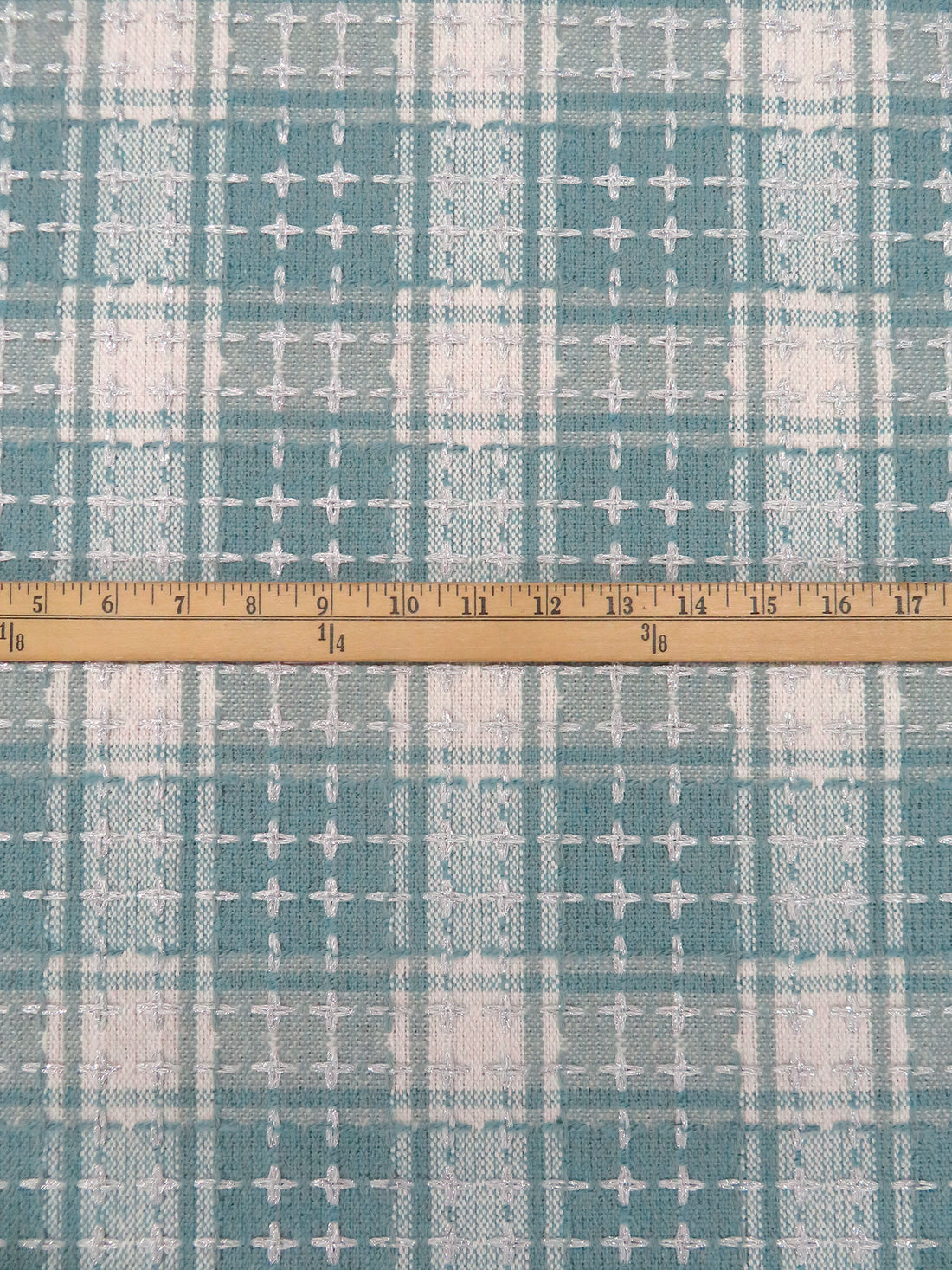 Steel Teal/Off-White/Silver Polyester/Metallic Novelty Plaid Weave Coating - Imported From Italy - 60W