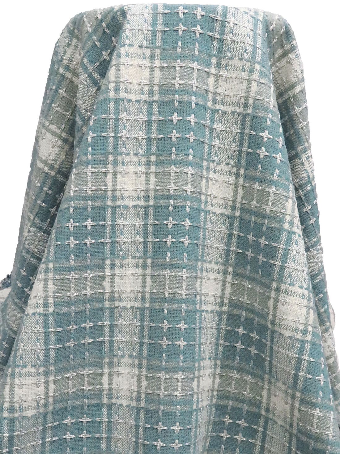 Steel Teal/Off-White/Silver Polyester/Metallic Novelty Plaid Weave Coating - Imported From Italy - 60W