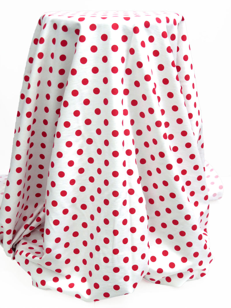 White/Rose Red Rayon/Nylon/Lycra Polka Dot Print Stretch Bengaline Suiting - NY Designer - 58W