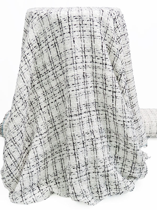 Salt White/Black/Bright White Polyester/Metallic Plaid Boucle Suiting - NY Designer - 58W