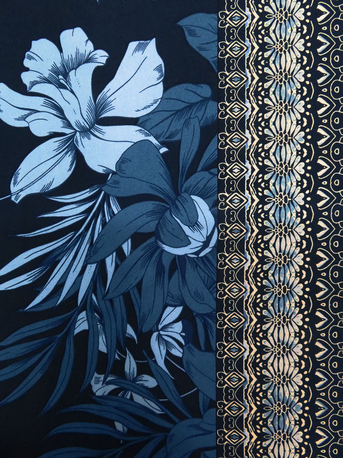 Midnight Navy/Pale Cerulean/Eggshell/Multi Polyester/Lycra Ornate Single Border Leaf Print ITY Knit - NY Designer - 57W