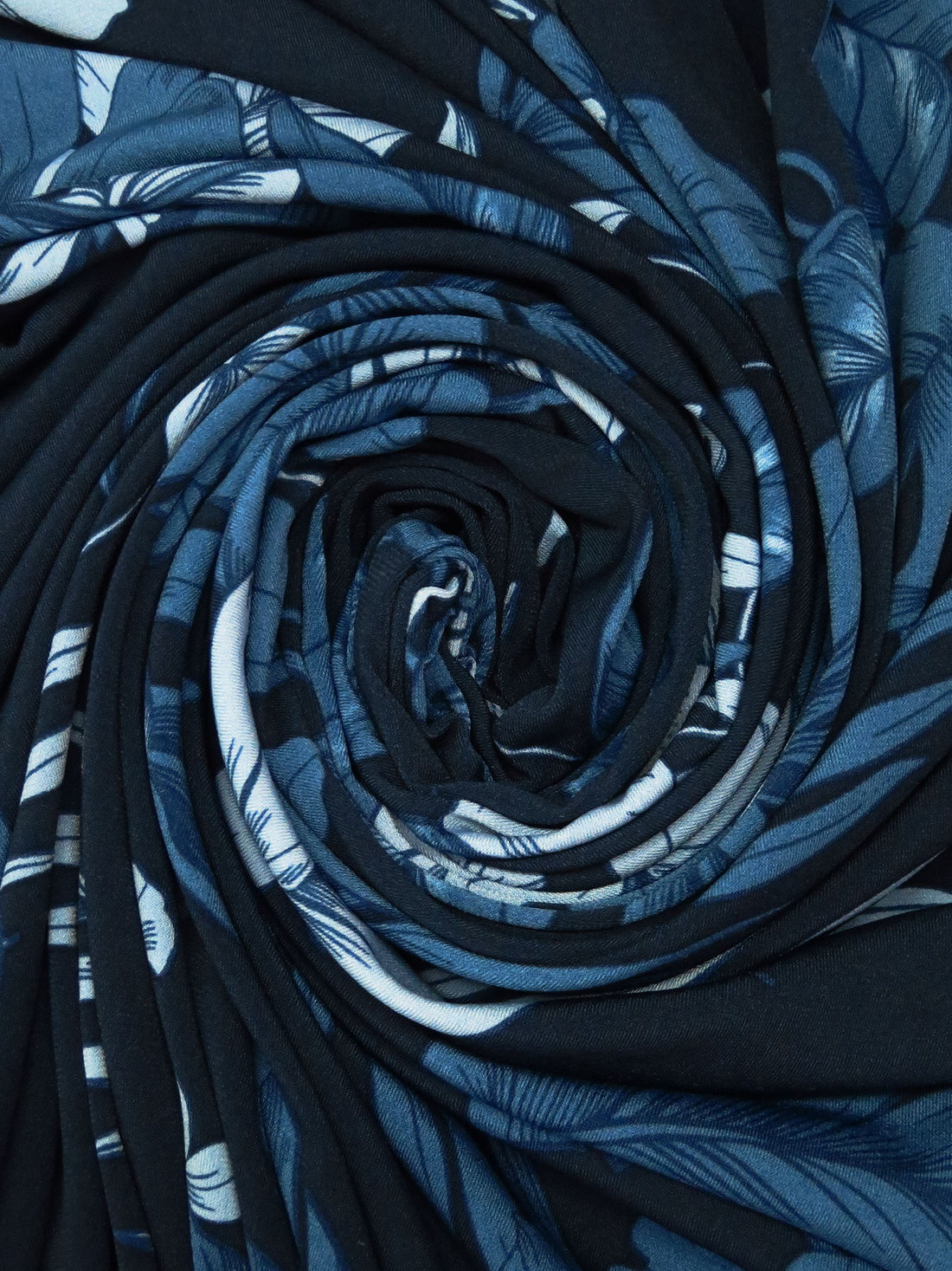 Midnight Navy/Pale Cerulean/Eggshell/Multi Polyester/Lycra Ornate Single Border Leaf Print ITY Knit - NY Designer - 57W