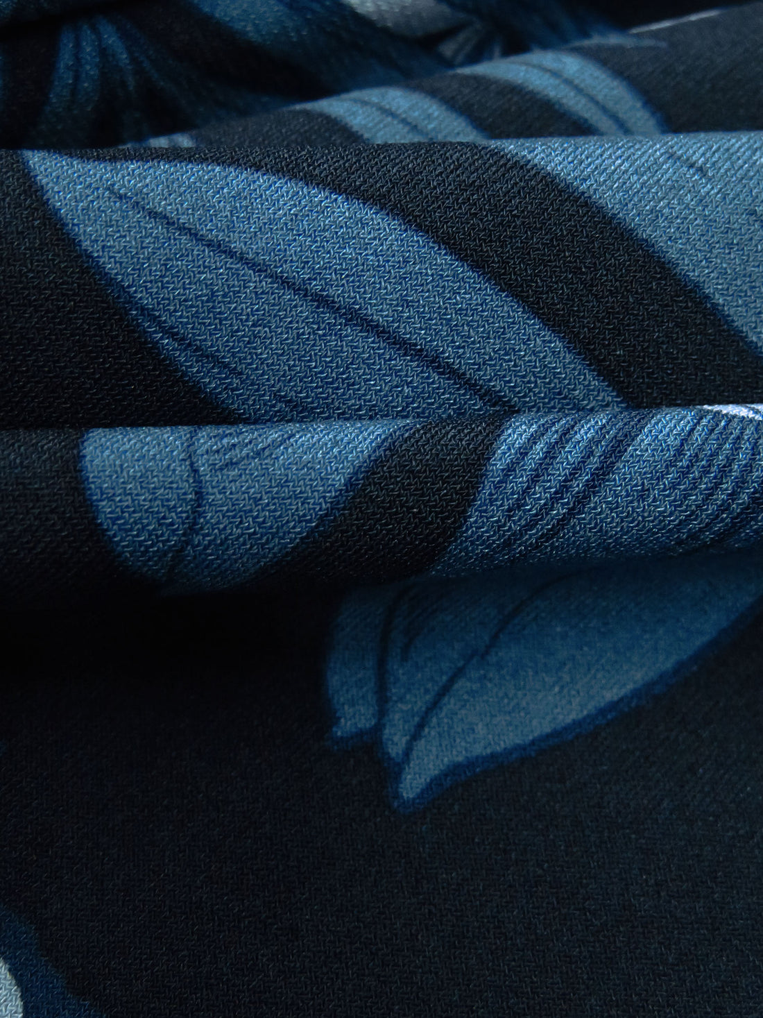 Midnight Navy/Pale Cerulean/Eggshell/Multi Polyester/Lycra Ornate Single Border Leaf Print ITY Knit - NY Designer - 57W
