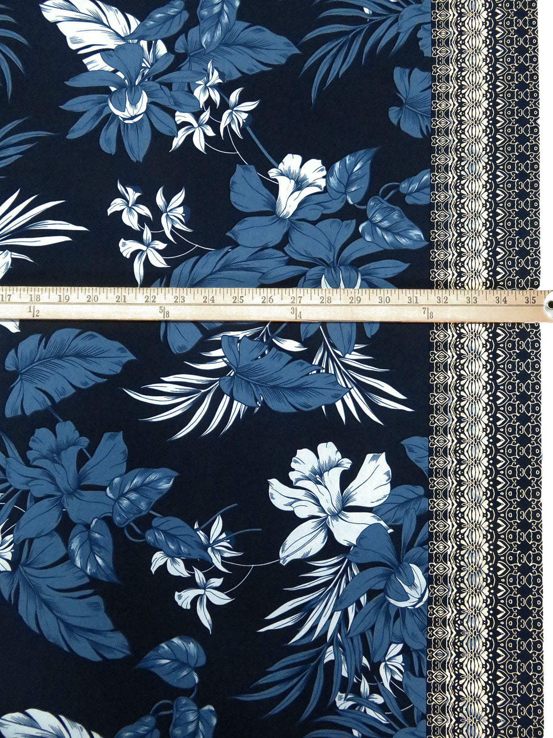 Midnight Navy/Pale Cerulean/Eggshell/Multi Polyester/Lycra Ornate Single Border Leaf Print ITY Knit - NY Designer - 57W