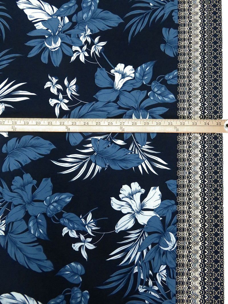 Midnight Navy/Pale Cerulean/Eggshell/Multi Polyester/Lycra Ornate Single Border Leaf Print ITY Knit - NY Designer - 57W