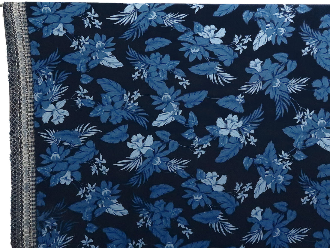 Midnight Navy/Pale Cerulean/Eggshell/Multi Polyester/Lycra Ornate Single Border Leaf Print ITY Knit - NY Designer - 57W