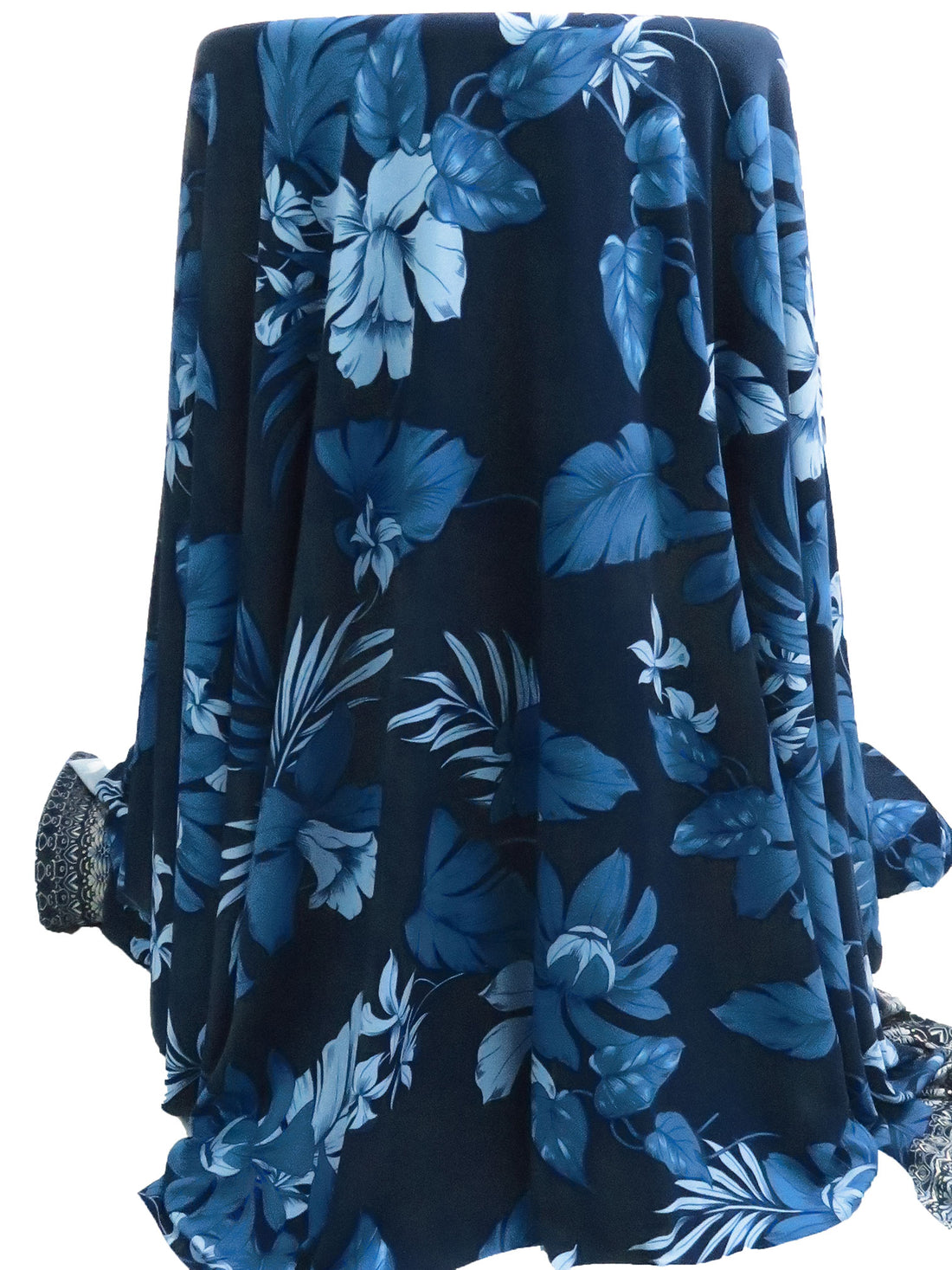 Midnight Navy/Pale Cerulean/Eggshell/Multi Polyester/Lycra Ornate Single Border Leaf Print ITY Knit - NY Designer - 57W
