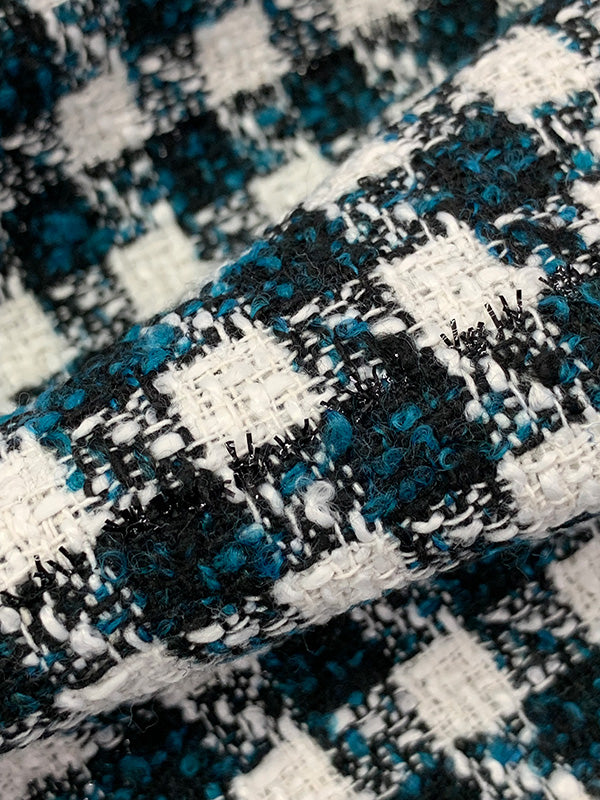 Teal Blue/White/Black Polyester/Metallic Plaid Boucle Suiting - NY Designer - 60W