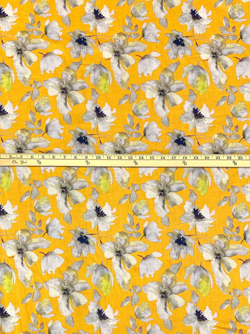 Saffron/Silver/Midnight Navy/Multi 100% Cotton Watercolor Floral Print Voile 56W
