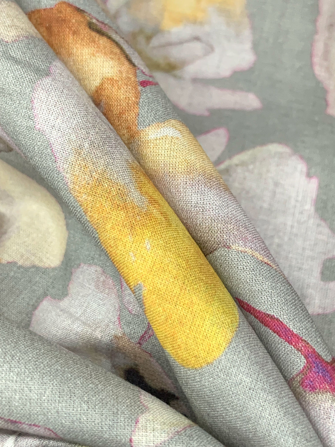 Iron Gray/Mustard/Lavender/Multi 100% Cotton Watercolor Floral Print Voile 56W