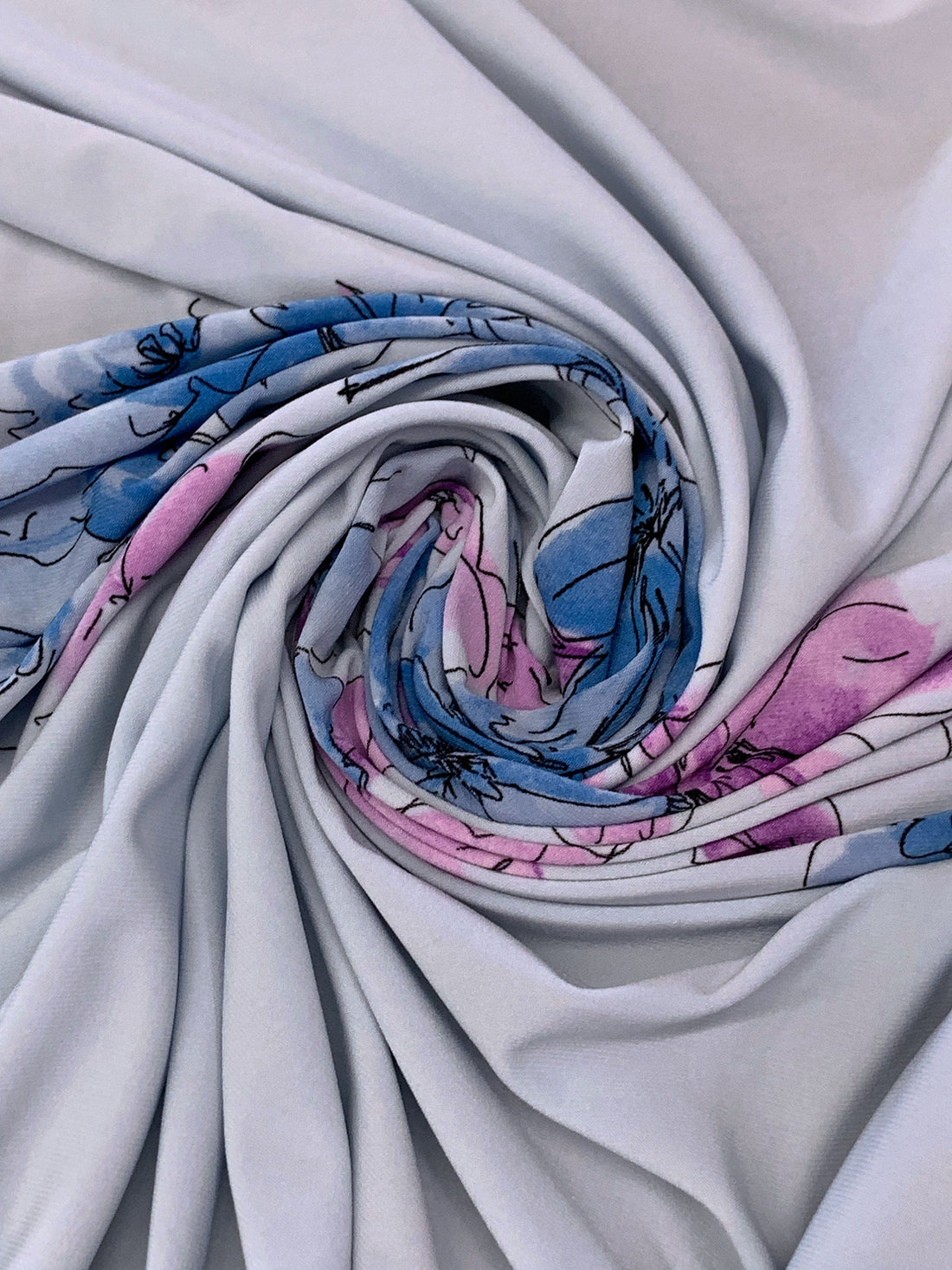 SOLD BY THE PANEL ONLY - Columbia Blue/Deep Lilac/Splash Blue/Black Polyester/Lycra Horizontal Sketch Floral Print ITY Knit 56W