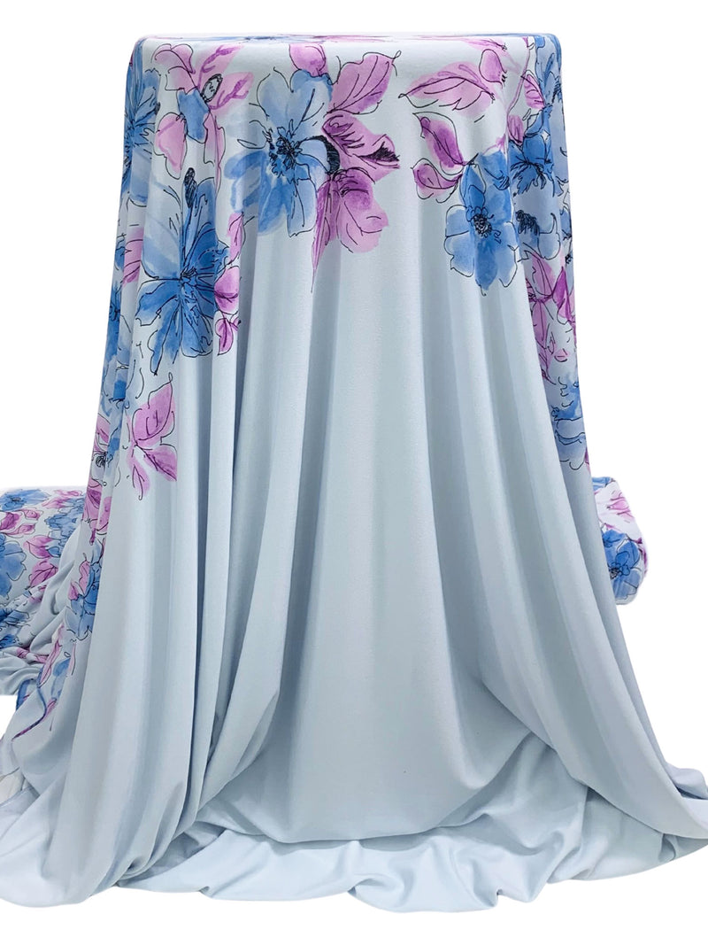 SOLD BY THE PANEL ONLY - Columbia Blue/Deep Lilac/Splash Blue/Black Polyester/Lycra Horizontal Sketch Floral Print ITY Knit 56W