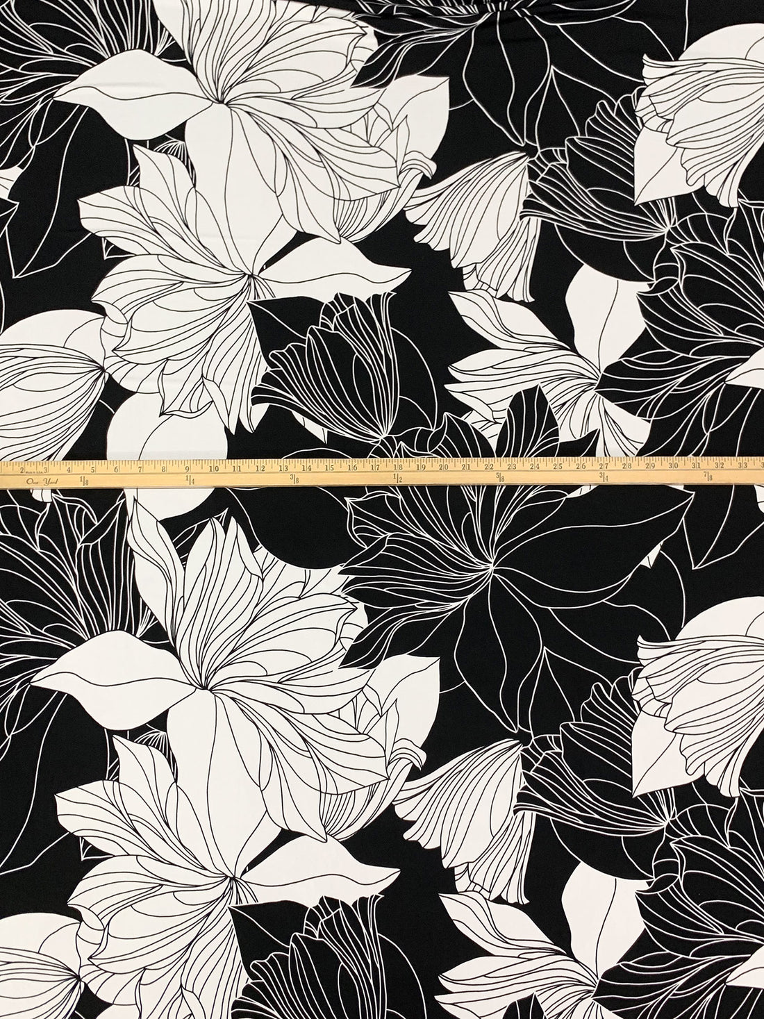 White/Black Polyester/Lycra Large Sketch Floral Print ITY Knit 56W