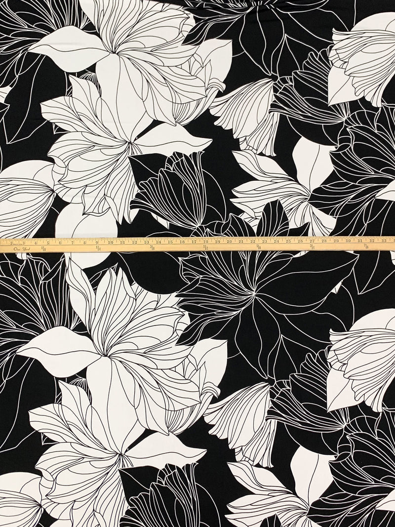 White/Black Polyester/Lycra Large Sketch Floral Print ITY Knit 56W