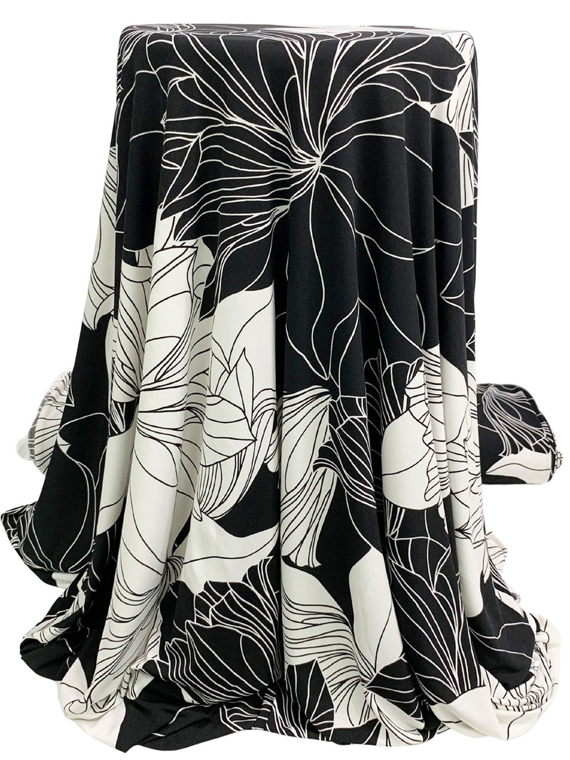 White/Black Polyester/Lycra Large Sketch Floral Print ITY Knit 56W