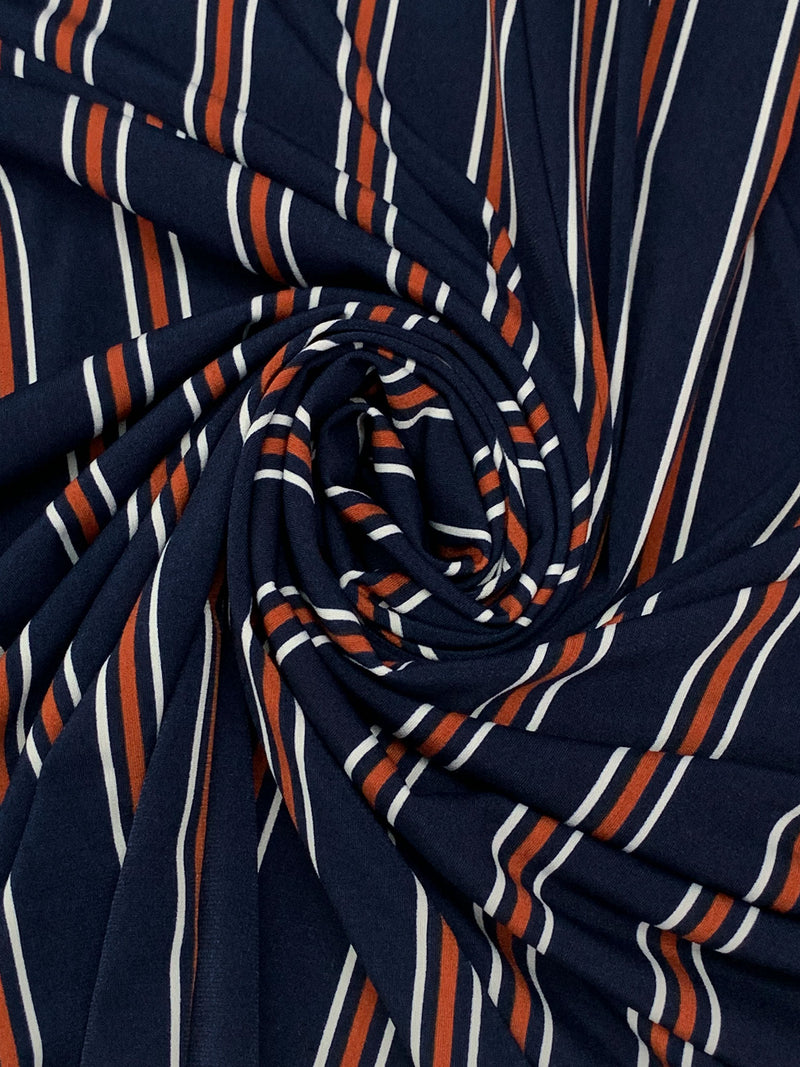 Navy Blue/Copper Rust/White Polyester/Lycra Vertical Stripe Print ITY Knit 60W