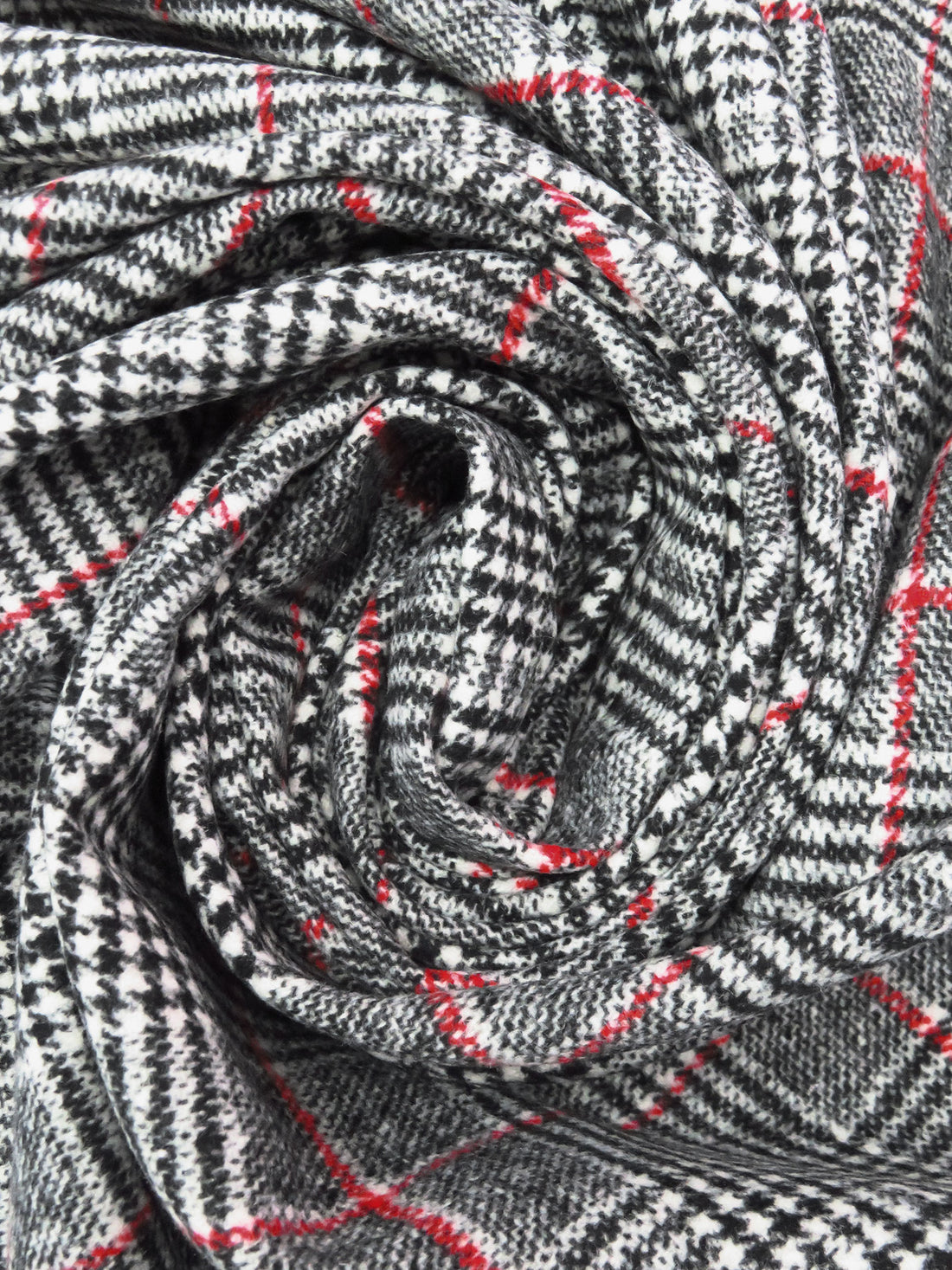 Black/Off-White/Dark Red Wool/Polyester Plaid Weave Coating 59W