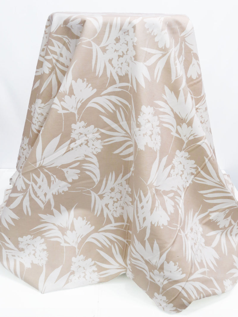 Warm Taupe/White Rayon/Nylon/Lycra Foliage Silhouette Print Stretch Bengaline Suiting - NY Designer - 58W