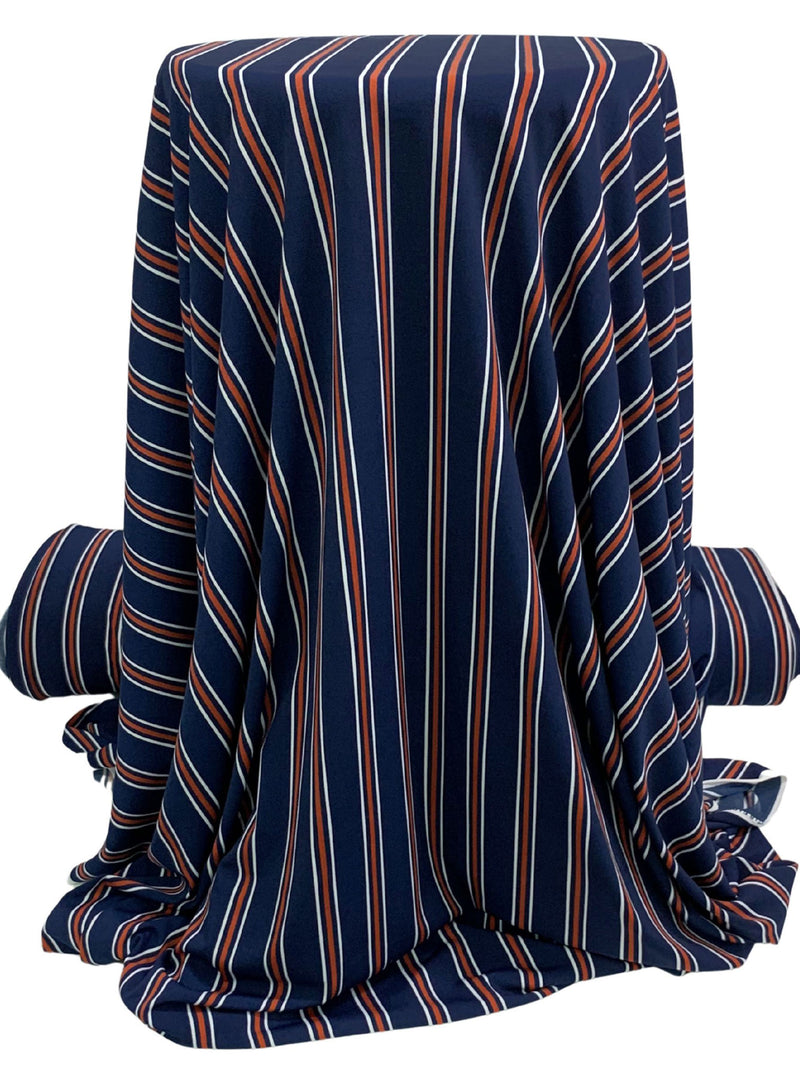 Navy Blue/Copper Rust/White Polyester/Lycra Vertical Stripe Print ITY Knit 60W