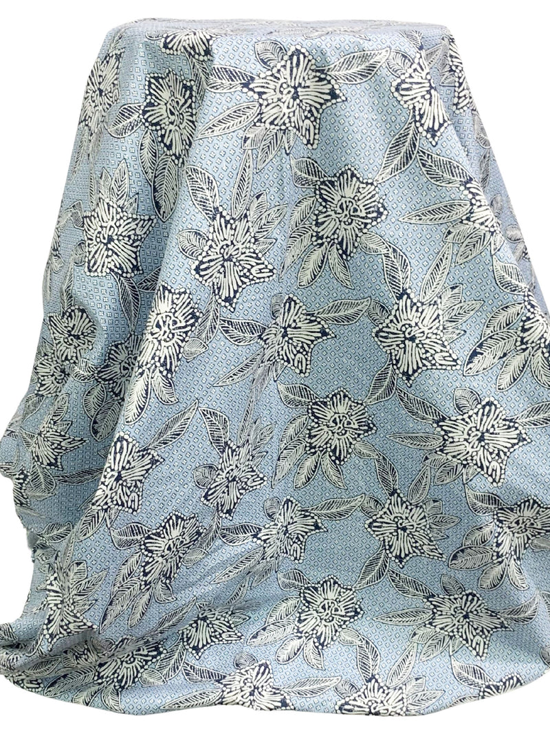 Steel Blue/White/Dark Lapis Blue 100% Cotton Floral Print Poplin Shirting 56W
