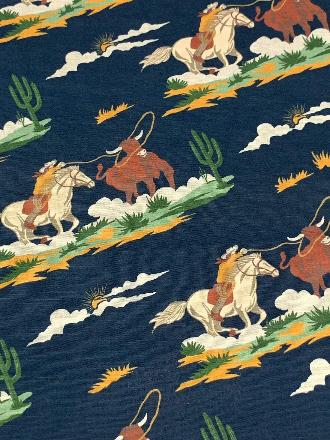 Independence Blue/Sunray/Brown Sugar/Multi 100% Cotton/Linen Cowboy Print Slubbed Shirting 56W