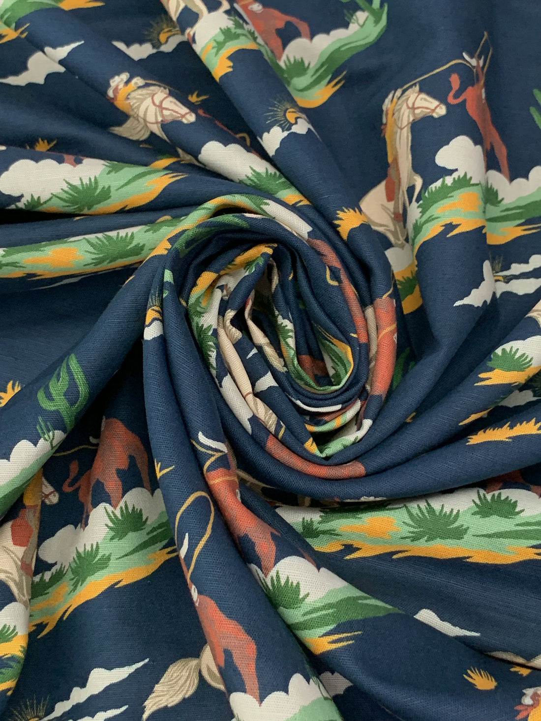 Independence Blue/Sunray/Brown Sugar/Multi 100% Cotton/Linen Cowboy Print Slubbed Shirting 56W