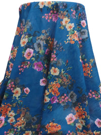 Dark Muted Blue/Pale Purple/Orange/Multi 100% Cotton Floral Print Lawn 58W