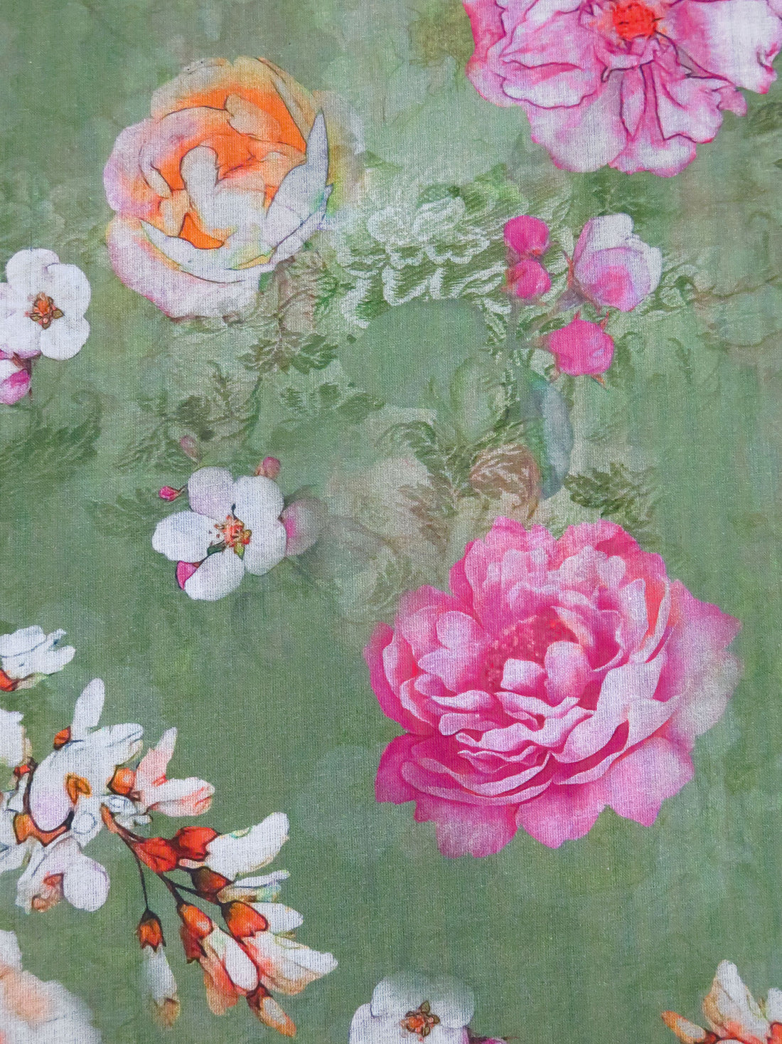 Russian Green/Dusty Gray/Fuchsia/Multi 100% Cotton Floral Print Lawn 58W