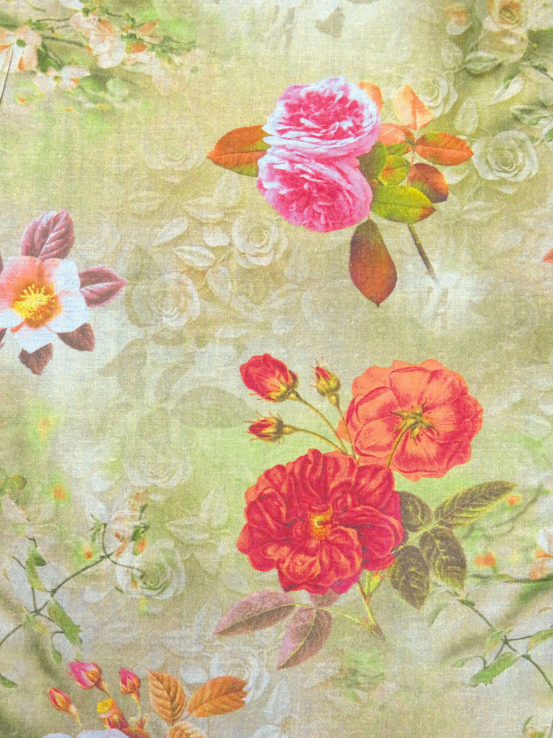 Matte Red/French Pink/Muted Olive/Multi 100% Cotton Floral Stems Print Lawn 58W