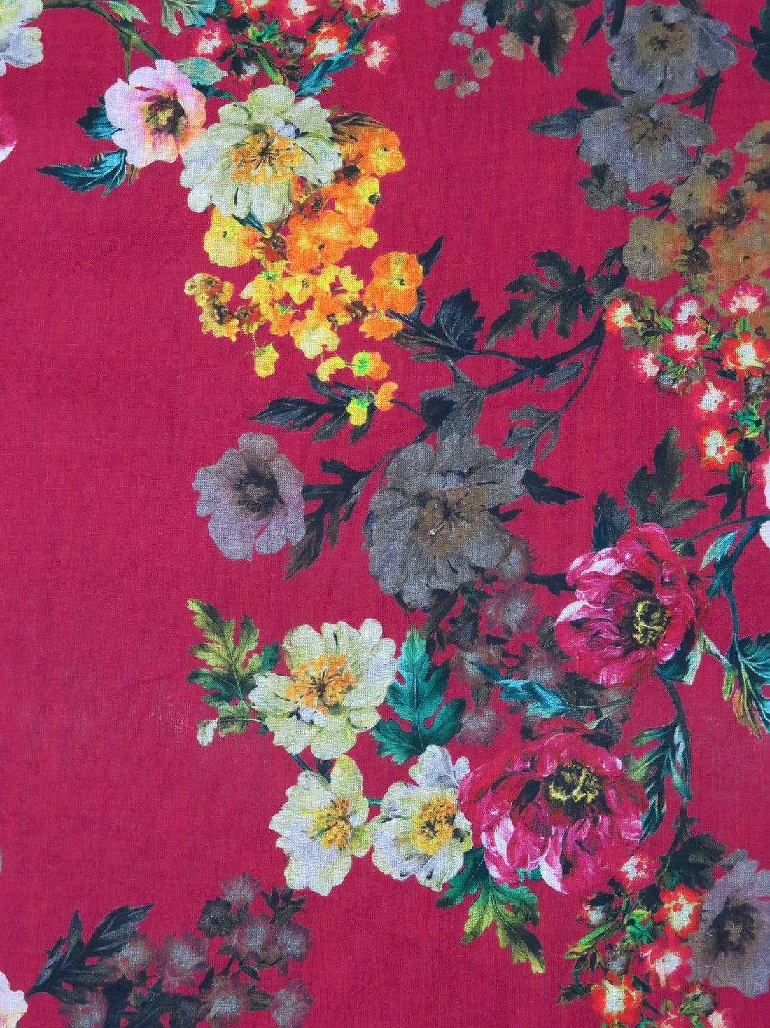 Dark Raspberry Pink/Pumpkin/Dark Green/Multi 100% Cotton Floral Print Lawn 57W
