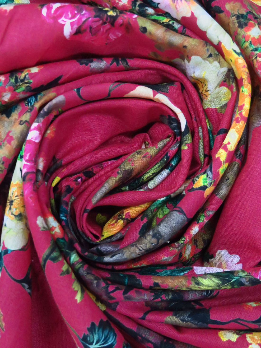 Dark Raspberry Pink/Pumpkin/Dark Green/Multi 100% Cotton Floral Print Lawn 57W