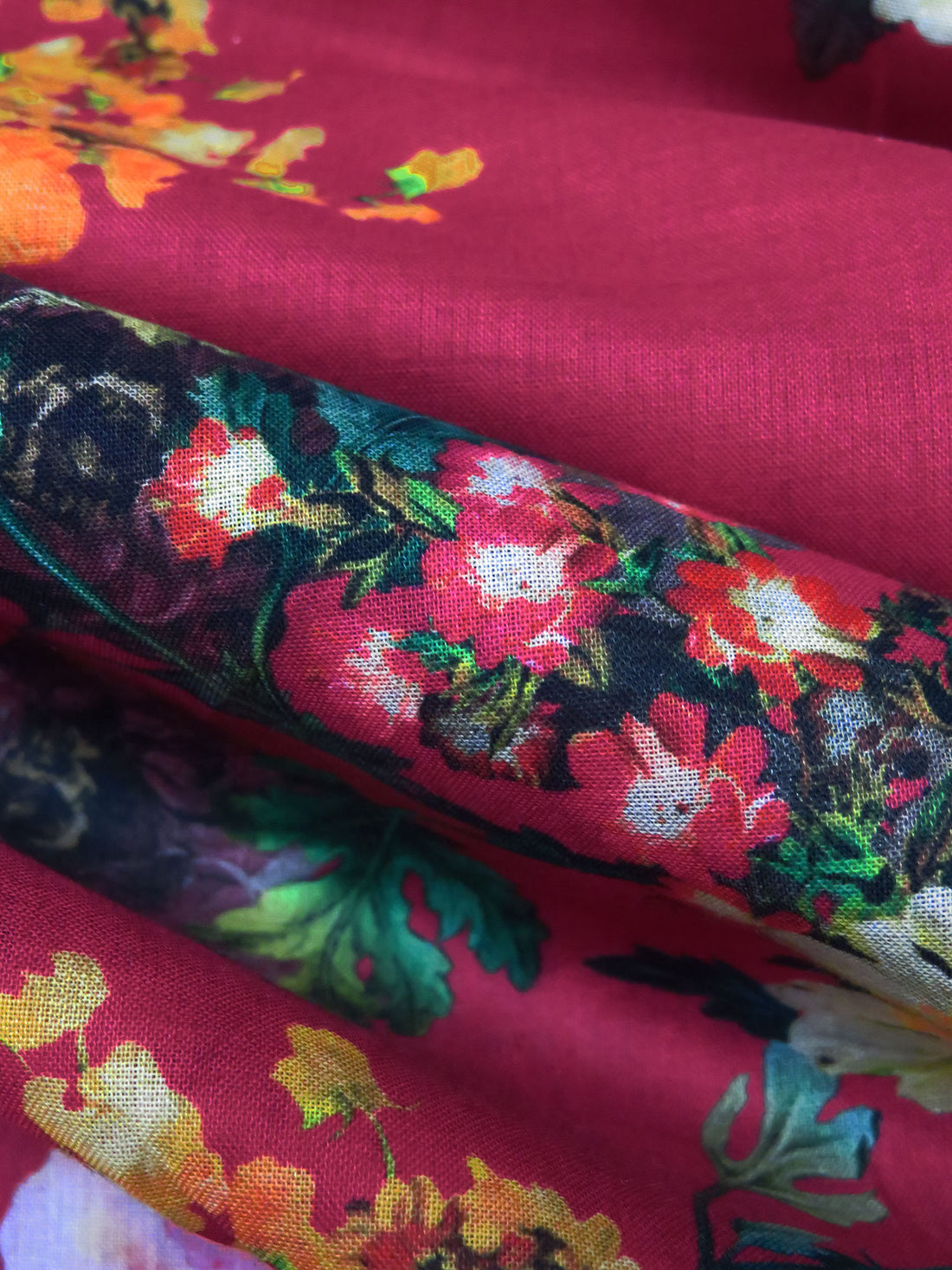 Dark Raspberry Pink/Pumpkin/Dark Green/Multi 100% Cotton Floral Print Lawn 57W