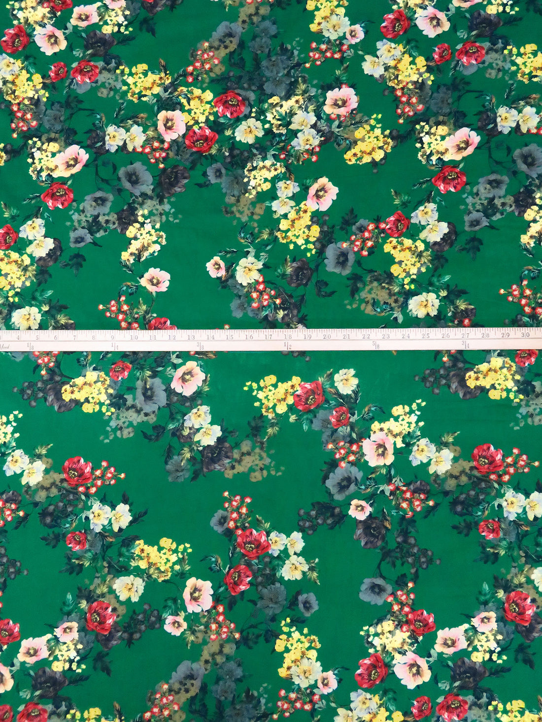 Dark Rich Green/Bright Yellow/Dark Red/Multi 100% Cotton Floral Print Lawn 58W
