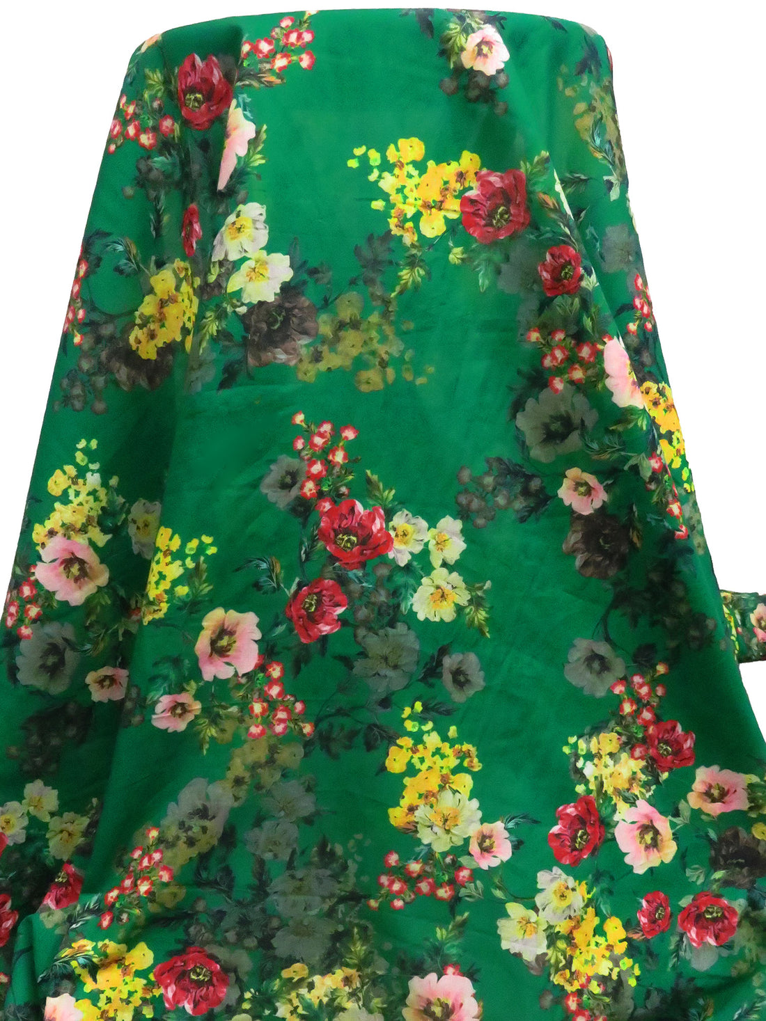 Dark Rich Green/Bright Yellow/Dark Red/Multi 100% Cotton Floral Print Lawn 58W
